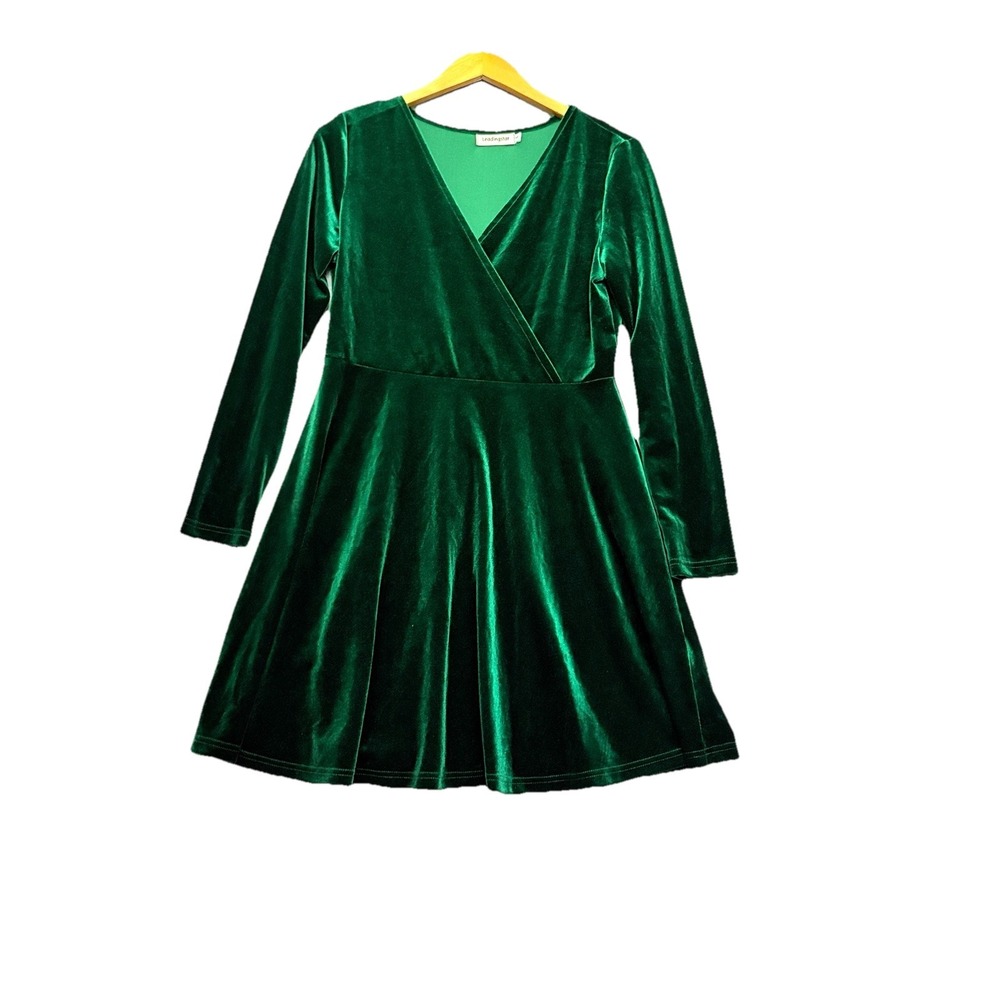 Leadingstar‎ Dress Large Green Velvet Faux Wrap Long Sleeve Holiday Event Y2K